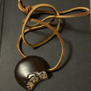 Vintage 70s 1970s Brown Leather Necklace Black white cookie ice cream pendant